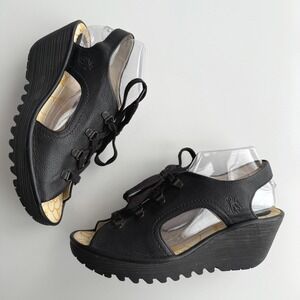 Fly London Ylfa Lace‎ Up Black Wedge Comfort Peep Toe Sandal EU 41 US 10